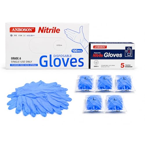 ANBOSON Nitrile Gloves with 5 Pair Travel Package, Disposable Gloves, M | Medium Fit for Home Projects, Painting, Crafts & Cleaning, Premium Nitrile Delivers Better Stretch, Grip & Comfort Than Vinyl - color: Blue of 440, size: Medium