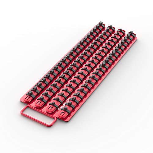 Olsa Tools Socket Organizer Tray - Portable Red Rail with Black Clips - Stores 80 Sockets Securely - Professional-Grade Socket Holder - Part 1047 - color: Red Tray/Black Clips