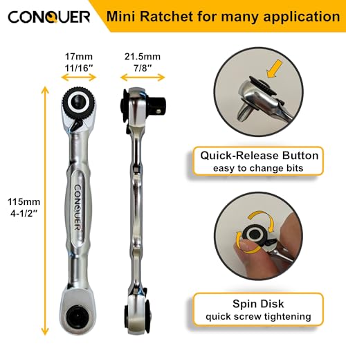 CONQUER 21-Piece 1/4" Drive Mini Ratchet Spline Socket Set, SAE/Metric | 72-Tooth Dual Head Ratchet, Quick Release & Spin Disc, CR-V Spline Sockets 6-13mm, S2 Bits, Knurled Grip, Portable Kit - style: 21 PC Spline Socket Set