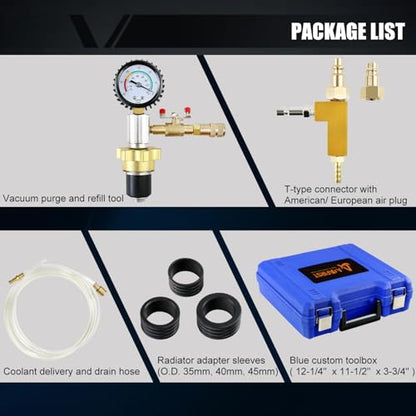 Automotive Radiator Coolant Vacuum Refill Tool Kit, Engine Cooling System Vacuum Purge & Fill Tool Set with Universal Adapters (O.D. 32mm 35mm 40mm 45mm) for Car SUV Truck Airlift, Blue Case - color: Blue Case