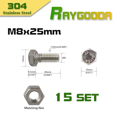 M8-1.25x25mm Hex Bolt and Nut Kit 15set, 304 Stainless Steel (A2-70), Full Thread, Bright Finish, Machine Threaded for Automotive, Machinery, DIY - size: M8x25mm(15 Sets）