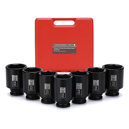 Mayouko 7PCS 1/2 Inch Drive Deep Impact Socket Set, 1-3/8" - 1-3/4", Spindle Axle Nut Sockets, SAE, Deep, 6-Point, CR-MO - size: 1.375" - 1.75" (7 Pieces)