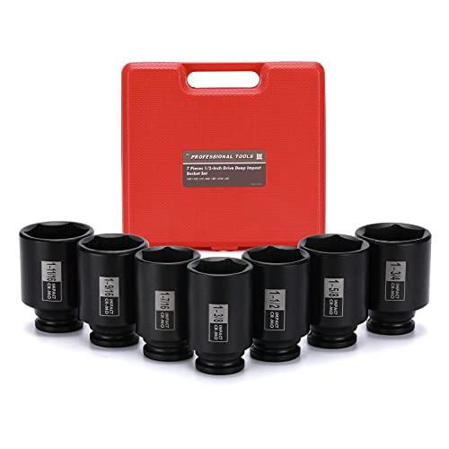 Mayouko 7PCS 1/2 Inch Drive Deep Impact Socket Set, 1-3/8" - 1-3/4", Spindle Axle Nut Sockets, SAE, Deep, 6-Point, CR-MO - size: 1.375" - 1.75" (7 Pieces)