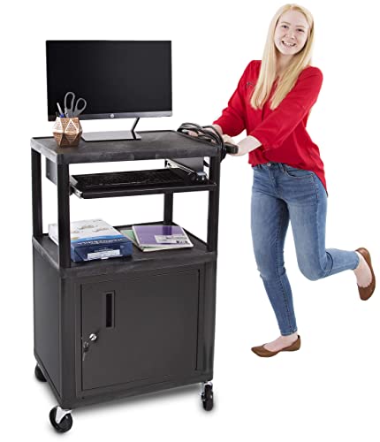 Line Leader Plastic AV Cart with Keyboard Tray and Locking Metal Cabinet, Heavy Duty Mobile Workstation with 4 Rolling Casters, 2 Locking Brakes, Heavy Duty, Holds up to 75 lbs (42 Inch w Cabinet) - color: Large 2 Shelves W/ Cabinet & Keyboard Tray