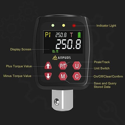 ANPUDS 1/2" Digital Torque Adapter, 12.5-250.8 Ft-lb/17-340Nm, ±1% Accuracy | Digital Torque Gauge, 10 Presets & 500 Data Memory, Buzzer & LED Indicator, 3/8" & 1/4" Adapters, for Truck, RV, Towing - size: 12.5-250.8 Ft-lb/17-340 Nm