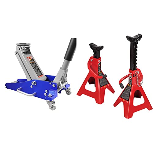 BIG RED T815016L Torin Hydraulic Low Profile Aluminum and Steel Racing Floor Jack, 1.5 Ton (3,000 lb) Capacity, Blue & T42002A Torin Steel Jack Stands: Double Locking, 2 Ton (4,000 lb) Capacity, Red