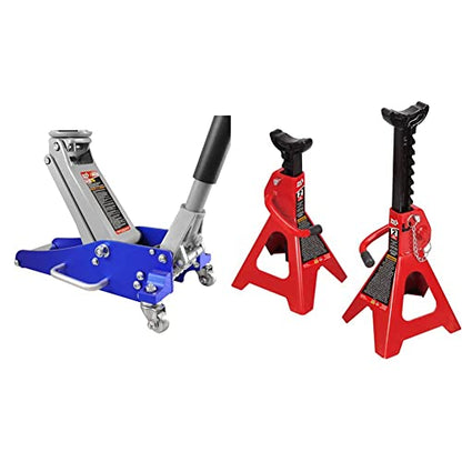 BIG RED T815016L Torin Hydraulic Low Profile Aluminum and Steel Racing Floor Jack, 1.5 Ton (3,000 lb) Capacity, Blue & T42002A Torin Steel Jack Stands: Double Locking, 2 Ton (4,000 lb) Capacity, Red