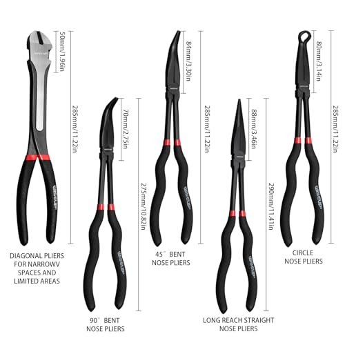 WISEUP 5Pcs Long Needle Nose Pliers Set ，Premium Carbon Steel | 11" Long Reach Straight ，45° Bent Nose ，90° Bent Nose Plier，Diagonal Pliers for Narrow Spaces