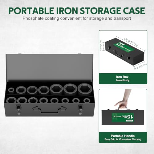 1-Inch Drive Deep Impact Socket Set,15 Pcs, Metric,CR-MO for Truck | 17/19/21/22/24/27/30/32/34/36/38/41/46/50/55mm Heavy Duty Large Sockets for Excavator & Industrial Use, with Metal Case - size: 15 PCS