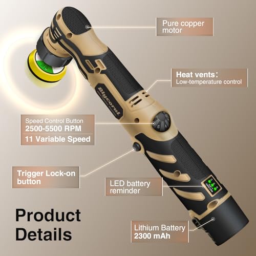 Cordless Mini Polisher,1/1.5/2Inch,DA&RO with 11 Variable Speed 2500-6000 RPM,2.3Ah Rechargeable Battery,Car Detailing Micro Polisher - style: 1*Battery Kit