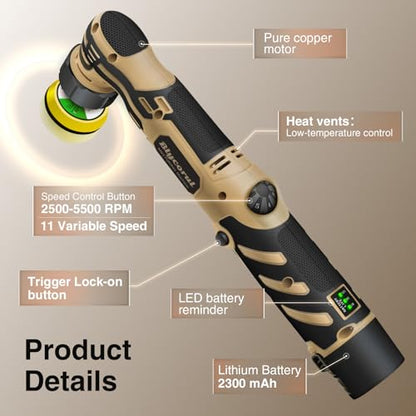 Cordless Mini Polisher,1/1.5/2Inch,DA&RO with 11 Variable Speed 2500-6000 RPM,2.3Ah Rechargeable Battery,Car Detailing Micro Polisher - style: 1*Battery Kit