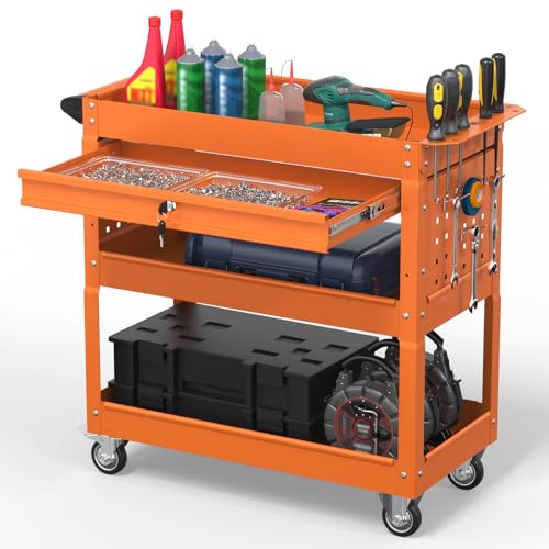 3 Tier Rolling Tool Cart on Wheels, 550 LBS Tool Cart with Drawers，Heavy Duty Utility Cart with Pegboard and Hook，Mechanic Tool Storage Cart for Garage, Warehouse and Repair Shop(Orange) - color: Orange