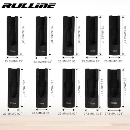 RULLINE 10pcs Upgraded Steel Flare Nut Socket Set for Automotive and Mechanical Applications 1/2" square drive - size: 10pcs