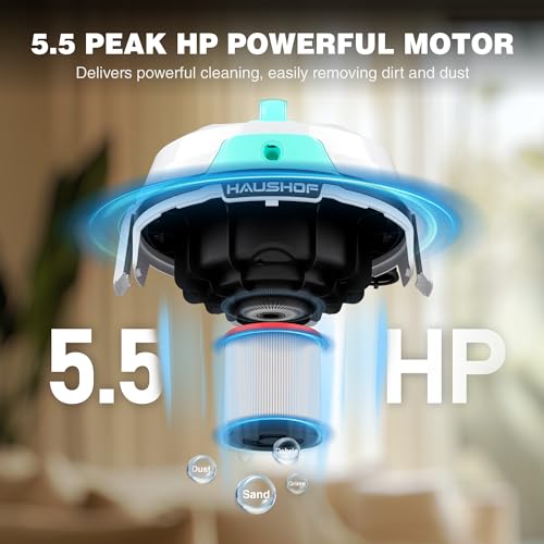 HAUSHOF 4 Gallon 5.5 Peak HP Wet/Dry Vacuum Upholstery Cleaner, Portable Shop Vacuum with 1-1/4 Inch Diameter x 5 Foot Hose, 13 Foot Cord, Ideal for Home, Workshop, and Garage Cleaning