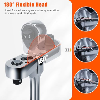 Matework 7Pcs Flex Head Ratchet Set, 1/4”, 3/8” and 1/2” Drive Swivel Ratchet Wrench with 180° Flex Head, 90 Tooth, Quick-Release, Extra Long Handle Ratchet with Extension Bar and EVA Foam, CR-V Steel - size: 7pcs 90T Flex Head Ratchet Set