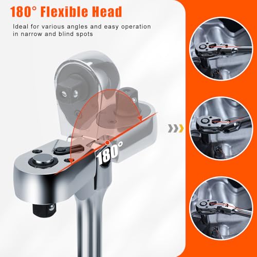Matework 3/8" Drive Flex Head Ratchet Wrench, 17-Inch 90-Tooth Long Handle Ratchet with Quick Release and Reversible Switch, CR-V Steel, 180° Swivel Head Ratchet for Automotive, Home and DIY Repair - size: 3/8" Dr 90T Flex Head Ratchet