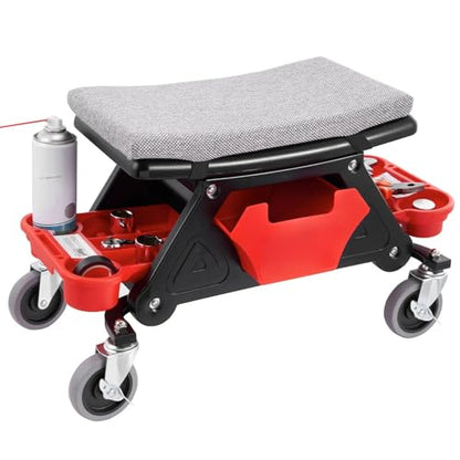 Mechanics Stool, 300 LBS Capacity Rolling Mechanic Seat with 4" Wheels, with Three Slide Out Tool Trays and Drawer, Heavy Duty Roller Creeper Seat for Home Garage DIY Automotive