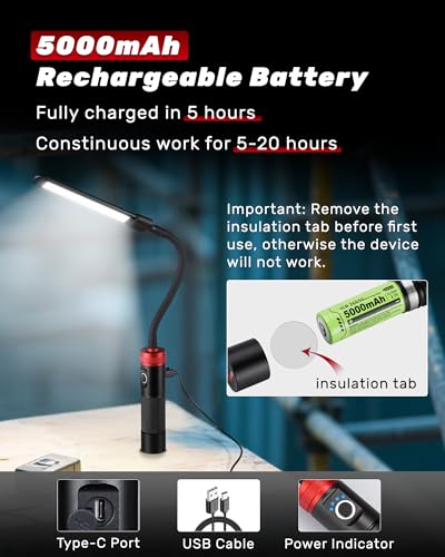Rechargeable Work Light, 5000mAh Flexible Gooseneck LED Work Light with Magnetic Base, 800LM Portable Mechanic Light for Auto Repair, Workbench, Grill, Inspection, Black