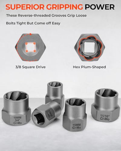 18 Piece Bolt Extractor Kit, 3/8" Drive Rounded Bolt & Nut Remover | Bolt Extractor Set with Hex Adapter-for Damaged, Frozen, Rusted Studs, Bolts, Nuts & Screws