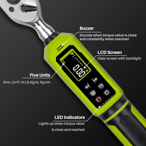 Digital Torque Wrench 3/8"Drive-0.66-44.25Ft.Lb for Bike Motorcycle | Electronic Torque Wrench(0.9-60N.m), Vibration Buzzer LED Indicator, ±2% Accuracy 5 Units for Precision Parts Engine Repair - size: 3/8" 0.66-44.25 Ft-Lb