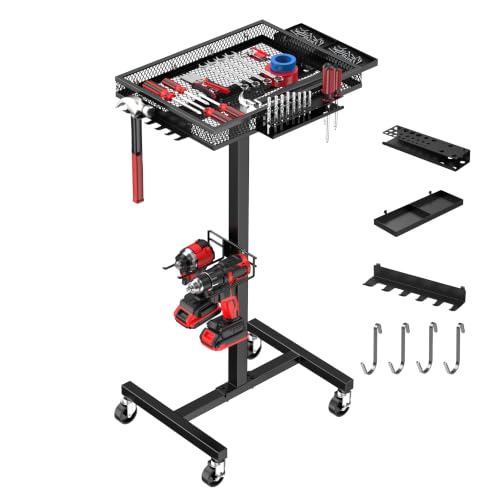 Rolling Tool Cart with Wheels, Metal Work Table Tool Organizer | Mechanic Cart with Side Tool Slots & Mesh Tray, Ideal for Garage & Workshop