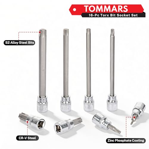 TOMMARS 16-Piece 3/8" Drive Conventional Torx Socket Set | T10, T15, T20, T25, T30, T40, T50, and T55, Long Torx Bit Socket Set ,S2 Alloy Steel - style: Torx Bit Socket