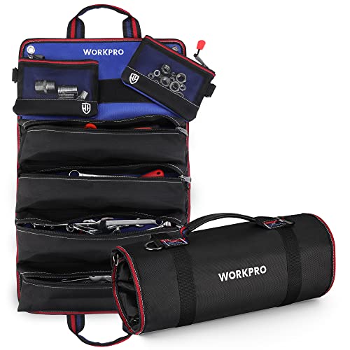 WORKPRO Roll Up Tool Bag with 6 Pockets and Detachable Pouches | Heavy Duty Oxford Fabric, 4 Zipper Tool Pouches, 2 Detachable Pouches, Organized Storage for Garage, Workshop & Jobsite - color: Black