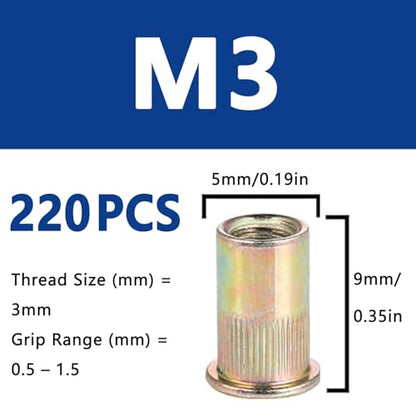220Pcs M3 Rivet Nuts, Metric Zinc Plated Finish Carbon Steel Flat Head Threaded Insert Nutsert Kit - color: Yellow, size: M3