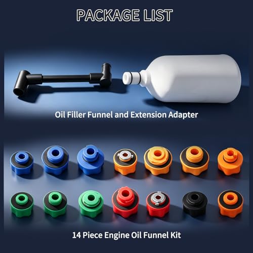 DPTOOL Oil Funnel Set, 2 qt Automotive Oil Funnel Set for Engine Oil Changes, Oil Dispenser Funnels Kit with Flexible Extension and 14 Oil Cap Adapters Compatible with GM Ford VW BMW Audi Toyota Etc