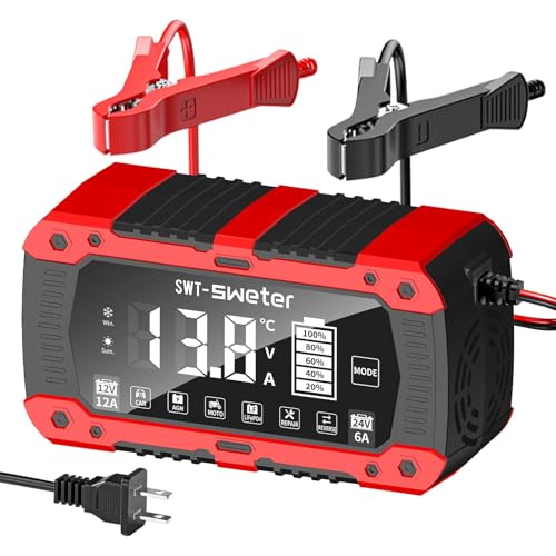 12A Smart Car Battery Charger, 12V/24V Automatic Battery Maintainer & Desulfator - Compatible with LiFePO4 Lithium, AGM, Gel, SLA, Lead-Acid for Truck, Motorcycle, Lawn Mower, Boat
