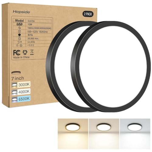 hepside 2PACK LED Flush Mount Ceiling Light 3000K-4000K-6500K & 100W Equivalent Modern Kitchen Recessed Ceiling Lamp 15W 1500Lm 7 Inch for Bathroom Closet Laundry Bedroom - color: Black, size: 7Inch-2pack