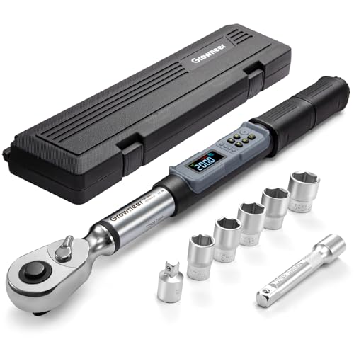 GROWNEER Upgraded Digital Torque Wrench Set, 7.38-147.5 Ft-lbs/10-200 nm, 1/2'' Drive Rachet Torque Wrench with Buzzer & Colorful LED Indicator, Electronic Wrench for Motor Car Tires Auto Repair - color: Black, size: 7.38-147.5 Ft-lbs/10-200 Nm