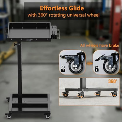 DEHOYI Adjustable Height Metal Tool Cart with Wheels, Heavy Duty Rolling Mechanic Tool Tray for Garage, Workshop (Black)