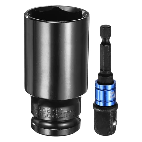 HARFINGTON Deep 6-Point Impact Socket 1/2" Drive 32mm Metric Socket 3" Length with 1/4" Hex Shank Adapter, CR-V Steel Socket Adapter Accessory Tool Set Kit for Hex Bolts Nuts - size: 32mm