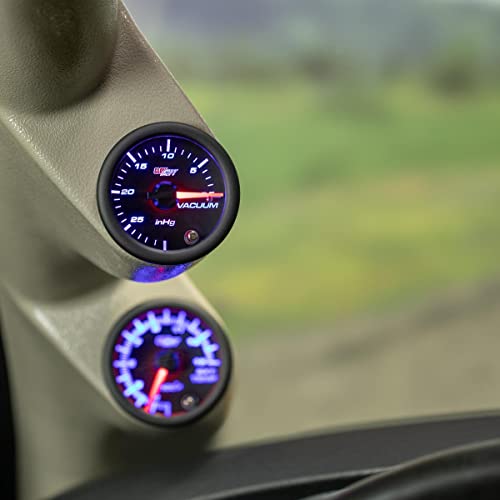 GlowShift Tinted 7 Color -30 inHg Vacuum Gauge Kit, 2-1/16" 52mm | Includes Mechanical Hose, T-Fitting & Wiring, Multi-Color Analog Display, Black Dial, Smoked Lens, For Car & Truck