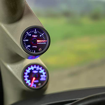 GlowShift Tinted 7 Color -30 inHg Vacuum Gauge Kit, 2-1/16" 52mm | Includes Mechanical Hose, T-Fitting & Wiring, Multi-Color Analog Display, Black Dial, Smoked Lens, For Car & Truck