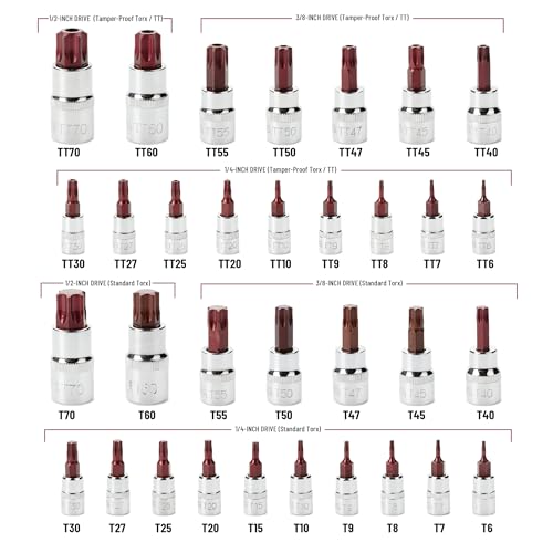 Bates Choice Torx Bit Socket Set, 34 pcs Set with Case, T6-T70, 1/4", 1/2" & 3/8" Drive, Solid and Tamper Proof Star Bit Socket Set