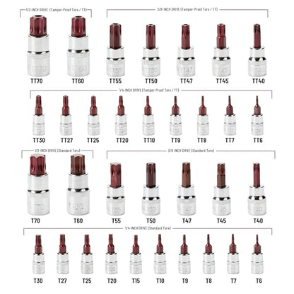Bates Choice Torx Bit Socket Set, 34 pcs Set with Case, T6-T70, 1/4", 1/2" & 3/8" Drive, Solid and Tamper Proof Star Bit Socket Set