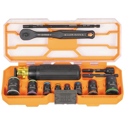 Klein Tools 65242 KNECT Impact Socket Set, Ratcheting Screwdriver Set, 1/4-Inch Drive, 4 SAE and 4 Metric Flip Sockets, 16 Hex Sizes, Adapters, MODbox Case - size: 16-in-1 KNECT