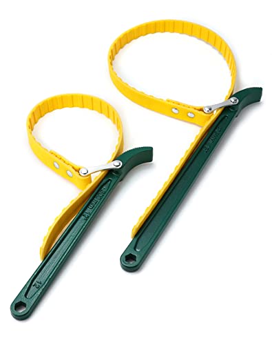QWORK 15" + 12" Belt Strap Wrench, Multi-Purpose Adjustable Strap Oil Filter Strap Opener Wrench,with 35 7/16 inches Capacity Adjustable Strap, 2 Pack