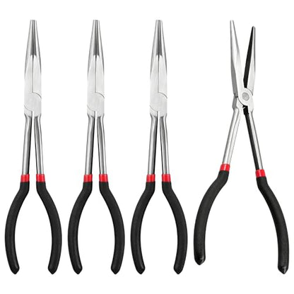 SEUNMUK 11 Inch Extra Long Needle Nose Pliers, Pack of 4, Long Reach Needlenose Pliers with Nonslip Handle, Straight Pliers for Mechanics, Technicians, and Home Repairing