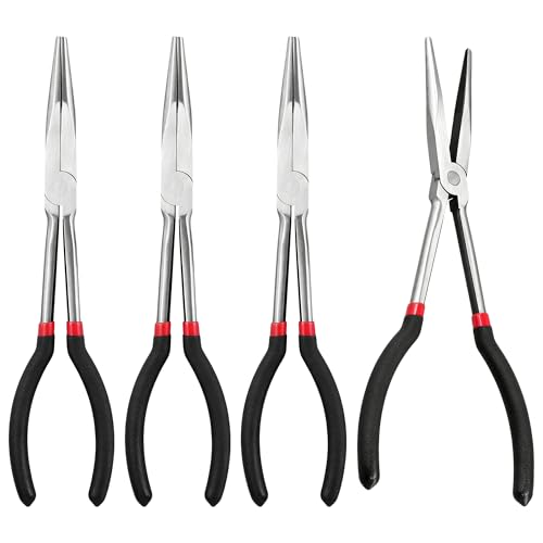 SEUNMUK 11 Inch Extra Long Needle Nose Pliers, Pack of 4, Long Reach Needlenose Pliers with Nonslip Handle, Straight Pliers for Mechanics, Technicians, and Home Repairing