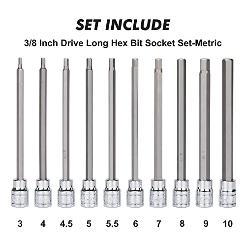 CASOMAN 18 Pieces 3/8 Inch Drive Long Hex Bit Socket Set,1/8 Inch to 3/8 Inch, 3mm to 10mm, SAE&Metric, Extra Long Allen Hex Bit Socket Set, CR-V and S2 Steel - size: 18 Pieces Metric & SAE
