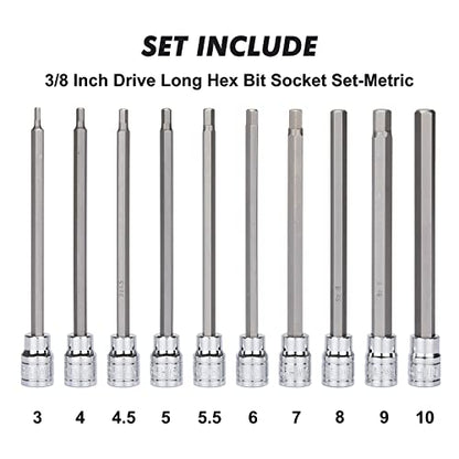 CASOMAN 18 Pieces 3/8 Inch Drive Long Hex Bit Socket Set,1/8 Inch to 3/8 Inch, 3mm to 10mm, SAE&Metric, Extra Long Allen Hex Bit Socket Set, CR-V and S2 Steel - size: 18 Pieces Metric & SAE