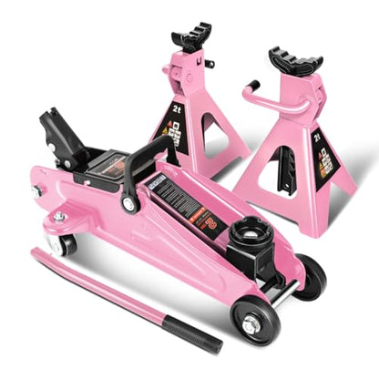 Auto Dynasty 2 Ton Floor Jack with Jack Stands, Heavy Duty Steel Hydraulic Racing Floor Jack with Single Piston Quick Lift Pump, Hydraulic Trolley Service Car Jack, Pink - color: Pink