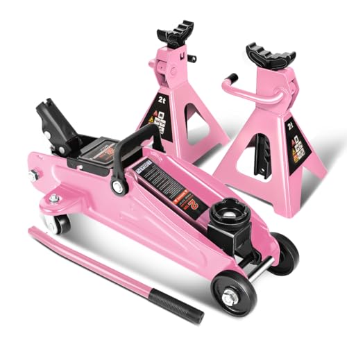 Auto Dynasty 2 Ton Floor Jack with Jack Stands, Heavy Duty Steel Hydraulic Racing Floor Jack with Single Piston Quick Lift Pump, Hydraulic Trolley Service Car Jack, Pink - color: Pink