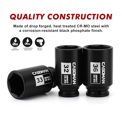 CASOMAN 1/2'' Drive Deep Spindle Axle Nut Impact Socket Set, 6 Point, CR-MO,32,33,35,36mm, 4PC 1/2-Inch Impact Socket Set, Heavy Duty Use In Removing And Installing Axle Nuts
