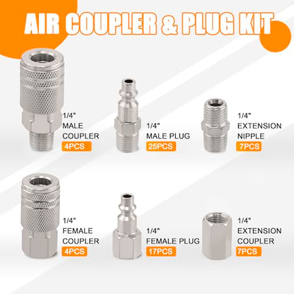 67Pcs Air Coupler and Plug Kit,1/4 Inch NPT Air Tool Fittings Set, Quick Connect Air Hose Fittings Air Compressor Accessories