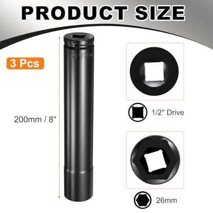 HARFINGTON 3pcs 6-Point Deep Impact Socket 1/2" Drive 26mm Metric Socket 8" (200mm) Extra Long Heat-Treated 45# Steel for Home Auto Spindle Axle Hex Nuts Bolts Repair, Black - size: 26mm + 8" Long