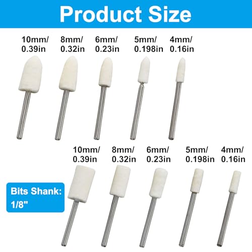 100 Pcs Bullet Shape Wool Felt Polishing Bits, 1/8'' Shank Cone and Cylinder Shape Wool Polishing Points for Rotary Tool (4mm,5mm,6mm,8mm,10mm)